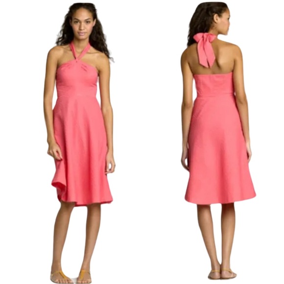 J. Crew Dresses & Skirts - J.Crew Aubrey Coral Halter Neck Embossed Dress Size 12 Midi Skirt A-Line